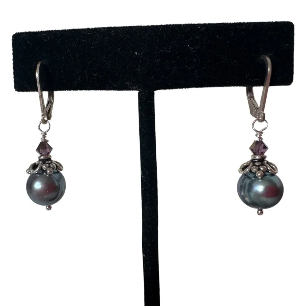 Large Gray Pearl and 925 Sterling Silver Dangle Drop Handmade Earrings
